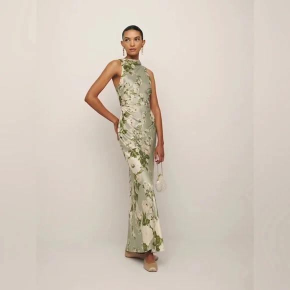 NEW NWT Reformation Anaiis Silk Maxi Dress Tarragon Floral Open Back High Neck 6 - Picture 3 of 17